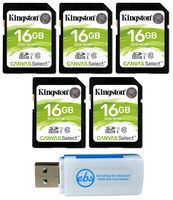 Kingston 16GB SD Memory Card (5 Pack Bundle) Canvas Select SDHC Card Class 10 UHS-1 (SDS/16GB) Plus (1) Everything But Stromboli (TM) SD & Micro Card Reader