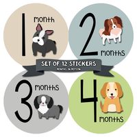 Months In Motion Gender Neutral Monthly Baby Milestone Stickers - Onesie Month Sticker - Infant Photo Prop for First Year - Shower Gift - Newborn Keepsakes - Unisex Boy or Girl - Puppy Dog