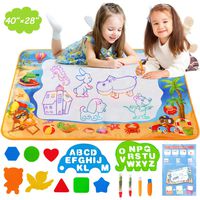 NASHRIO Water Painting Doodle Mat, Educational Drawing Toys for Age 3 4 5 6 7 8 9 10 11 12 Year Old Girls Boys Age Toddler Gift, No-Mess Activity Mat with Water Markers, Stencils and Shapes