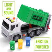 JOYIN 12.5" Garbage Truck Toy Friction-Powered Waste Management Recycling Truck Toy Set with 3 Rear Loader Trash Cans, Back Bump Function, Lights & Sounds Long 1:12