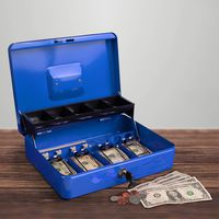 Stalwart Cash Box - Locking Steel Petty Cash Safe with Coin Tray and Spring-Loaded Money Clips for Yard Sale, Market and Concession Stand (Blue)