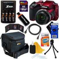 Nikon COOLPIX B500 16MP Wi-Fi, NFC Digital Camera w/40x Zoom & HD Video (Red) - International Version (No Warranty) + 4 AA Batteries with Charger + 9pc 16GB Accessory Kit w/ HeroFiber Cleaning Cloth