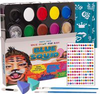 Blue Squid Face Paint for Kids, 193 Pieces, 8 Color, 30 Stencils, Brushes, Gems, Sponges & Applicator, Best Value Quality Party Pack for Kids, Safe Facepainting for Sensitive Skin, Quality Water Based