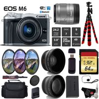 Canon EOS M6 Mirrorless Digital Camera (Silver) with EF-M 15-45mm is STM Lens + UV FLD CPL Filter Kit + Wide Angle & Telephoto Lens + Camera Case + Tripod + Card Reader - International Version Kit