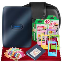 Fujifilm Instax Mini Link Smartphone Printer (Dark Denim) + Case, Fujifilm Instax Mini Twin Film (40 Exposures), Fuji Photo Album, an Assortment of Frames & Fibertique Microfiber Cleaning Cloth