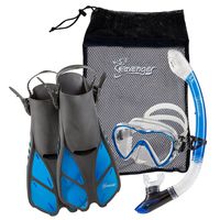 Seavenger Diving Dry Top Snorkel Set with Trek Fin, Single Lens Mask and Gear Bag, S/M - Size 4.5 to 8.5, Gray/Clear Blue