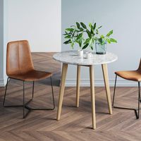 Nathan James 41402 Amalia Round Marble Bistro Dining Table with Legs in Tan Wood Finish and Faux White Carrara Marble Table Top, Light Brown