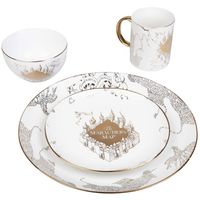 Harry Potter Marauder's Map Porcelain 4 Piece Place Setting - Includes 1 Dinner Plate, 1 Salad Plate, 1 Bowl and 1 Mug - Gold Marauders Map Design