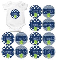 Gift Set of 12 Round Keepsake Photography Monthly Baby Stickers with Frogs in Navy Blue MOSB196