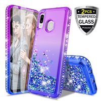 Donse Samsung Galaxy A20/30 Case,W[ 2Tempered Glass Screen] Glitter Liquid Diamond Quicksand Floating Shiny Sparkle Flowing Bling Luxury Clear Cute Case Cover for Girls Women Purple/Blue