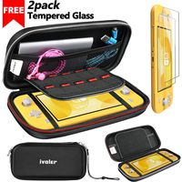 Carrying Case for Nintendo Switch Lite with 2 Pack Screen Protector, iVoler Ultra Slim Portable Hard Shell Pouch Travel Game Bag for Switch Lite Console Accessories Holds 10 Game Cards,Black