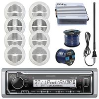Kenwood KMRM322BT Marine Boat Radio Stereo Receiver Bundle Combo With 8x Magnadyne WR45W 5" White Waterproof Speakers, 400-Watt Car/Marine Amplifier, Enrock Radio Antenna, 50ft 16g Speaker Wire