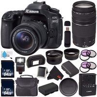 Canon EOS 80D DSLR Camera with 18-55mm Lens 1263C005 (International Version) + Canon EF 75-300mm f/4-5.6 III Telephoto Zoom Lens + 64GB SDXC Card + LP-E17 Replacement Lithium Ion Battery Bundle
