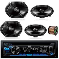 JVC Single DIN CD Receiver w/Bluetooth, USB/Aux Input with Pioneer TS-G6845R 250 Watt 6x8 2-Way Coaxial Car Audio Speakers (2-Pairs) & Enrock Audio 16-Gauge 50 Foot Speaker Wire