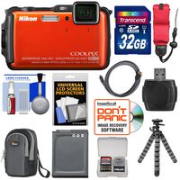 Nikon Coolpix AW110 Shock & Waterproof GPS Digital Camera (Orange) - Factory Refurbished with 32GB Card + Battery + Case + Float Strap + HDMI Cable + Flex Tripod + Accessory Kit
