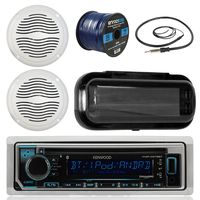 Kenwood KMRD372BT in-Dash Audio Bluetooth CD Player Receiver Bundle Combo W/Waterproof Shield Cover + 2X 5 Marine Boat White Outdoor Speakers + Enrock Radio Antenna + 16-Gauge 50-Foot Speaker Wire