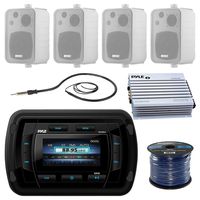 Pyle PATVR14 MP3/MP5 Bluetooth Marine Boat Yacht Stereo Receiver Bundle Combo With 4x Enrock White 4'' Inch 200-Watt Waterproof Stereo Box Speaker + Radio Antenna + 400 Watt Amplifier + 16G 50-FT Wire