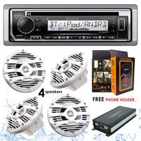 Kenwood KMR-D372BT Bluetooth Receiver + GBR250-4D 4 Channels Digital Amplifier + KFC-1653MRW 6.5" 2-Way Marine Speaker Boat-Yacht-ATV - 4 Speakers/300W + Free Magnet Phone Holder