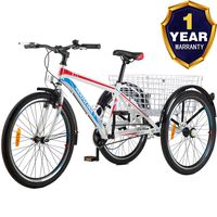 VANELL Adult Mountain Tricycle 20/24/26 in 1 Speed Three Wheel Cruiser Trike Bike with Front Suspension Fork Front Disc Brake MTB Tire Bicycle (White -Red+Blue, 20"&1speed)