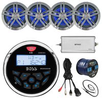 21' - 29' Pontoon Boat Marine System: Boss Bluetooth Receiver, 4 x 6.5" Water-Resistant Speakers (Charcoal), 4-Channel Amplifier, 50Ft Speaker Wire, Radio Antenna - 22", USB Aux Interface Mount