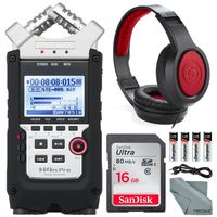 Zoom H4n Pro Handy Mobile 4-Track Recorder - Bundle With 16GB SDHC Card, 4 AA Batteries, Samson SR450 Closed-Back On-Ear Studio Headphones, Microfiber Cloth, 5' Stereo Mini Male 3.5mm TRS Cable