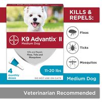 Bayer K9 Advantix II Flea, Tick and Mosquito Prevention for Medium Dogs, 11 - 20 lb, 4 doses