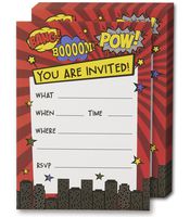 Superhero Invitation Cards - 24 Fill-in Invites with Envelopes for Kids Birthday Bash and Theme Party, 5 x 7 Inches, Postcard Style