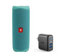 JBL Flip 5 Waterproof Portable Wireless Bluetooth Speaker Bundle with 2-Port USB Wall Charger - Teal