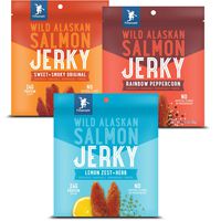 Fishpeople Wild Alaskan Salmon Jerky, Variety Pack, 2.15 ounce (3 pack), 24g Protein and 900mg Omega-3s per bag, Low sugar, Gluten-free, Antibiotic-free, Non-GMO