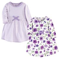 Touched by Nature Girls, Toddler, and Baby Organic Cotton Long-Sleeve Dresses, Purple Garden, 2 Toddler