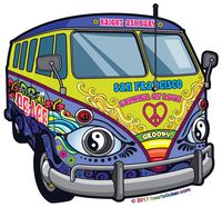 Hippy Bus San Francisco Sticker Summer of Love Woodstock Vinyl Decal Label Die-Cut Shape for Water Bottle Laptop Bike Bumper Growler VW Microbus vanagon Westfalia Camper Show Pride Local Spirit.