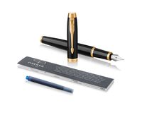 Parker IM Fountain Pen, Black Lacquer Gold Trim, Medium Nib with Blue Ink Refill, Gift Box (1931652)