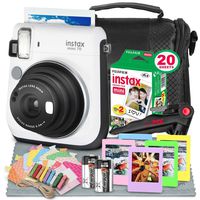 Fujifilm Instax Mini 70 Instant Film Camera (Moon White) W/Deluxe Accessory Bundle Instax Twin Pack Instant Film, Frames + Xpix Table Top Tripod, CR-2 Battery + Fibertique Cleaning Cloth