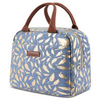 LOKASS Lunch Bag Cooler Bag Women Tote Bag Insulated Lunch Box Water-resistant Thermal Lunch Bag Soft Liner Lunch Bags for women/Picnic/Boating/Beach/Fishing/Work (Blue+Gold leaf)