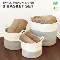 3 Pack Woven Rope Basket Set - Small Medium & Large Organic Woven White & Gray Cotton Rope Baskets, Durable Materials with Soft Rope Handles. Great for Laundry, Toys, Towels, Bedding & Nurseries