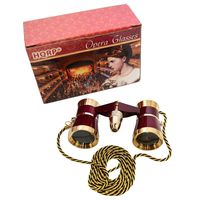 3 x 25 Opera Glass Binocular Burgundy with Gold Trim w/ Necklace Chain with Red Reading Light by HQRP plus Coaster