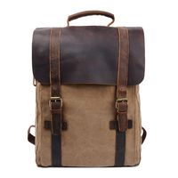 S-ZONE Retro Canvas Leather School Travel Backpack Rucksack 15.6 inch Laptop Bag (Khaki)