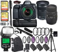 Canon EOS 6D Mark II DSLR Camera w/ 24-105mm STM Lens & Sigma 70-300mm Lens + 2X 64GB Sandisk Extreme Memory + Auto TTL Flash (Guide # 58/190 ft) + 60" Portable Tripod + Professional Kit