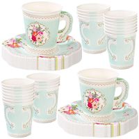 Talking Tables Truly Scrumptious Vintage Floral Paper Tea Cups with Handles and Saucers for a Tea Party or Birthday (24 Pack)