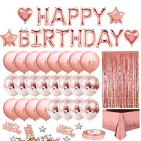 MOVINPE Rose Gold Birthday Party Decoration, Happy Birthday Banner, Rose Gold Fringe Curtain, Foil Tablecloth, Heart Star Foil Confetti Balloons, 10g Table Confetti for Girl Women Birthday Party