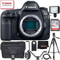 Canon EOS 5D Mark IV DSLR Camera (Body Only) - 8PC Accessory Bundle Includes 64GB SD Memory Card + 72" Full-Size Tripod + Flash Bracket + Professional 160 LED Video Light + MORE