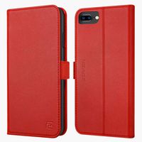 iPhone 8 Plus 7 Plus 6 Plus case ZOVER Genuine Leather Wallet Case with RFID Blocking Kickstand Feature Card Bison Fone Slots ID Holders and Magnetic Clasps Gift Box Red (Undetachable Version)