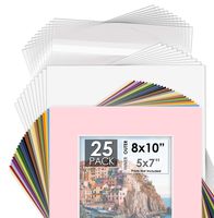 Mat Board Center, Pack of 25 Sets 8x10 Mixed Colors White Core Picture Mats Mattes Matting for 5x7 Photo + Backing + Bags