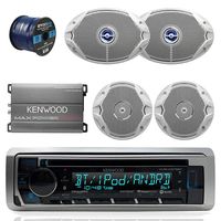 Kenwood KMRD365BT Bluetooth Marine CD Player Receiver Bundle Combo With Compact 400-Watt Amplifier + 2x JBL 6x9" 2-Way Coaxial Speakers + 2x JBL 6.5" Inch Boat Speakers + Enrock 50Ft 16g Speaker Wire