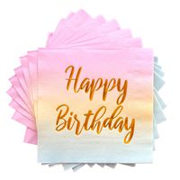 Happy Birthday Napkins - 100 Pack Pink Birthday Disposable Paper Napkins with Gold Foil Printing on Pink Yellow Blue Ombre Gradient for Ombre Party Supplies - 6.5" x 6.5" inches