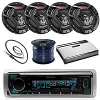 Kenwood KMR-M315BT Marine Boat Yacht Radio Stereo Receiver Bundle Combo With 4x JVC CS-DR6201MW 6.5" 2-Way Coaxial Speakers + 360-Watt Amplifier + Enrock Radio Antenna + 50 Foot 16g Speaker Wire