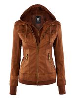 Lock and Love LL WJC664 Womens Faux Leather Jacket with Hoodie XS Camel
