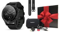 Garmin Fenix 5 Plus+ Sapphire (Leather Band) GPS Watch Gift Box Bundle | +Extra Silicone Band, Screen Protectors, PlayBetter USB Chargers & Case | 2018 Model + Spotify | Black Gift Box, Red Bow