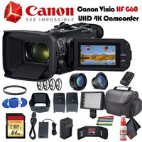 Canon Vixia HF G60 UHD 4K Camcorder (Black) (3670C002) with Extra Battery, UV Filter, Close Up Diopters, Wide Angle Lens,Padded Case, LED Light, 64GB Memory Card and More Advanced Bundle