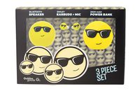 GabbaGoods 3 Piece Sunglasses Emoticon Kids Electronics Combo Gift Set- Gabba Goods Bluetooth Wireless Audio Sound Speaker, In-Ear Emoji EarBuds with Mic, and a 2600 mAh Portable Charging Power Bank